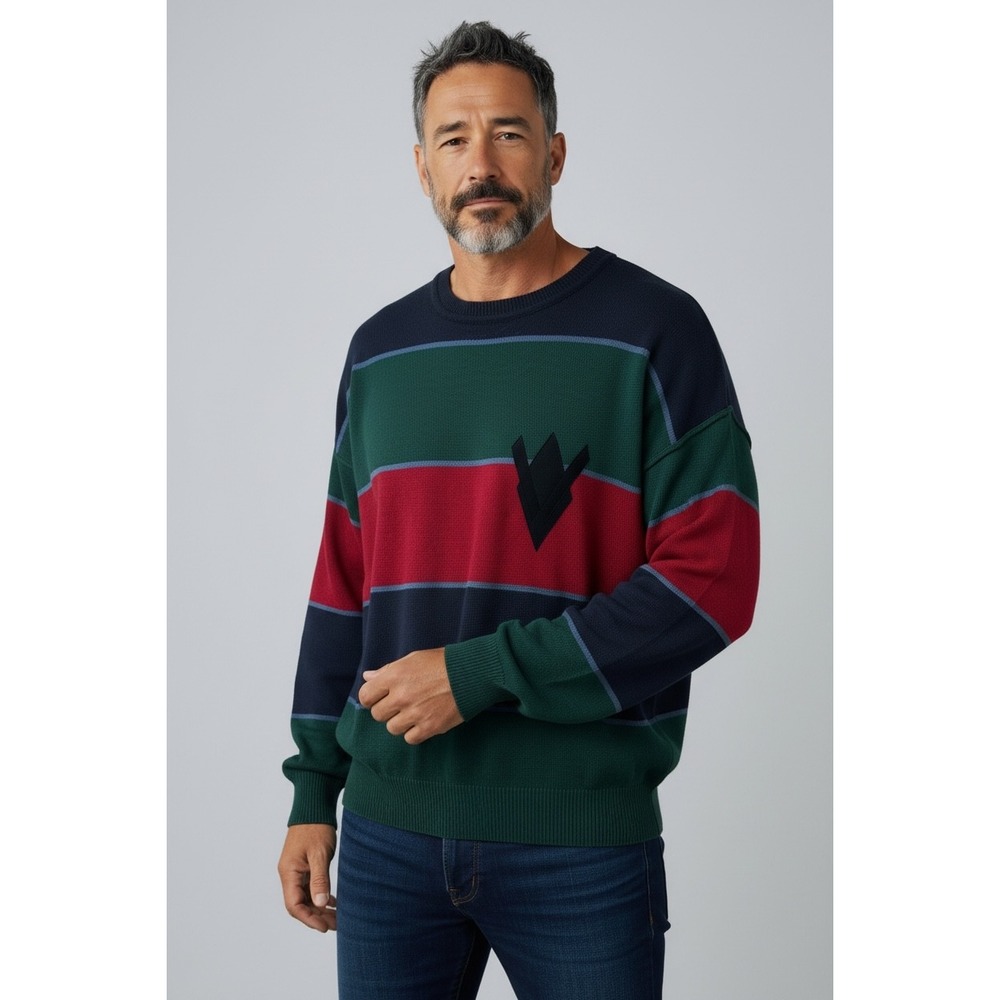 Marcus Vintage Made in Italy Striped Crewneck Sweater Navy Green Red Size 52